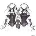 goth cyborg gemini sisters facing each other, long hair waves connecting tattoo design idea