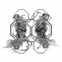 goth cyborg gemini sisters facing each other, long hair waves connecting tattoo design idea