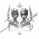 goth cyborg sci fi gemini sisters with a dagger in the bottom tattoo design idea