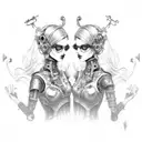 goth cyborg gemini sisters holding hands, with hair connecting together tattoo design idea