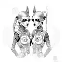 goth cyborg gemini sisters holding hands, with hair connecting together tattoo design idea