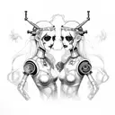 goth cyborg gemini sisters holding hands, with hair connecting together tattoo design idea