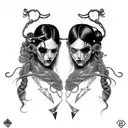 Goth Cyborg Gemini Sisters hair tangled together wide composition tattoo design idea