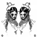 Goth Cyborg Gemini Sisters hair tangled together wide composition tattoo design idea