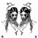 Goth Cyborg Gemini Sisters hair tangled together wide composition tattoo design idea