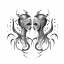 goth cyborg gemini sisters facing each other, hair conjoined tattoo design idea