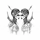 goth cyborg gemini sisters facing each other, hair conjoined tattoo design idea