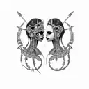 goth cyborg gemini sisters facing each other, hair conjoined tattoo design idea