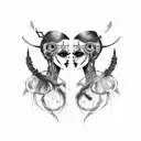 goth cyborg gemini sisters facing each other, hair conjoined tattoo design idea