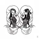 goth cyborg gemini sisters facing each other, with long waivy hair tattoo design idea