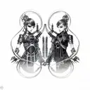 goth cyborg gemini sisters facing each other, with long waivy hair tattoo design idea