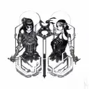 goth cyborg gemini sisters facing each other, with long waivy hair tattoo design idea