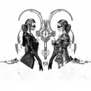 goth cyborg gemini sisters facing each other, with long waivy hair tattoo design idea