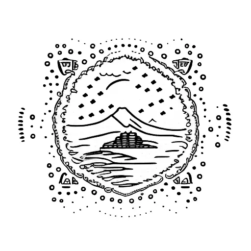 A dotwork tattoo featuring Table Mountain and the ocean, with Phillip and Jacques' names forming the clouds above tattoo design idea