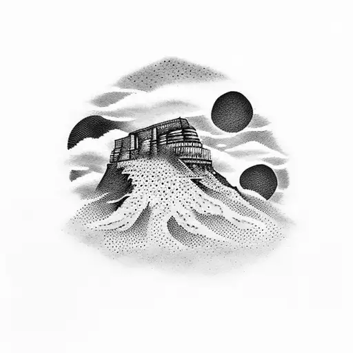 A dotwork tattoo featuring Table Mountain and the ocean, with Phillip and Jacques' names forming the clouds above tattoo design idea