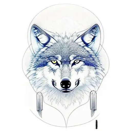 wolf in front view with half of his face being calm and the other one ungry. For background the andes with  wolves tattoo design idea