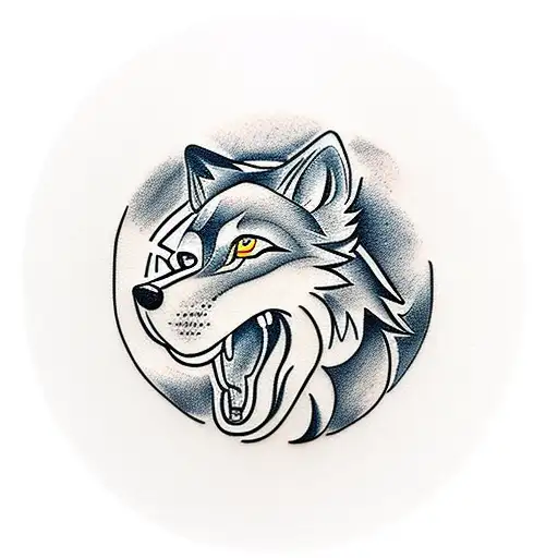 A traditional-style tattoo of a wolf howling at the moon, with a camera incorporated into the design tattoo design idea