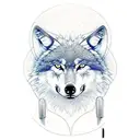 wolf in front view with half of his face being calm and the other one ungry. For background the andes with  wolves tattoo design idea