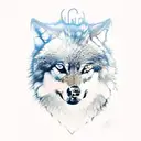 wolf in front view with half of his face being calm and the other one ungry. For background the andes with  wolves tattoo design idea