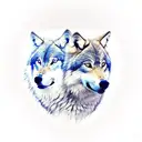 wolf in front view with half of his face being calm and the other one ungry. For background put montains tattoo design idea