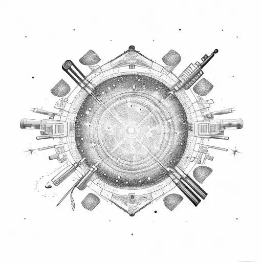Astronomy instruments surrounded by a field of weapons tattoo design idea