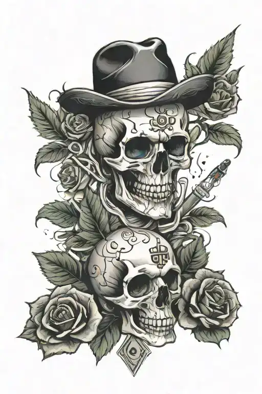 gambling, roses, cross, skull smoking weed tattoo design idea