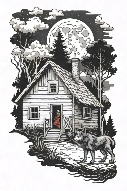 little red riding hood with an evil wolf in a dark forest with old cabin with moon and clouds  tattoo design idea