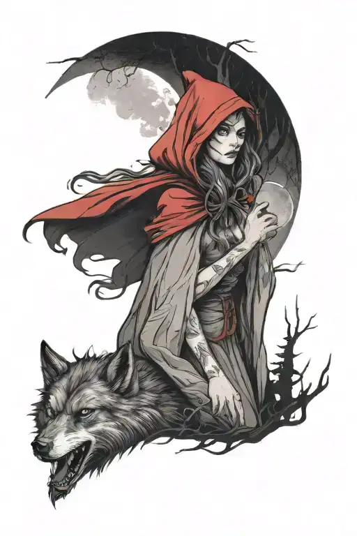 little red riding hood and evil wolf in a dark forest with moon  tattoo design idea