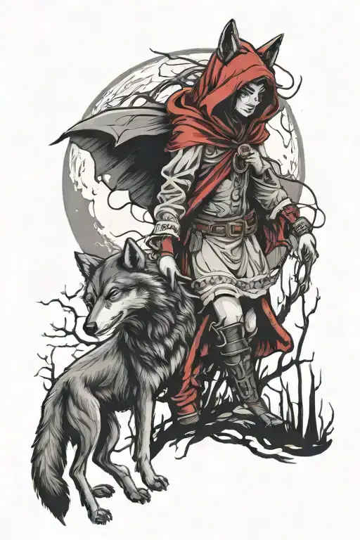 little red riding hood and evil wolf in a dark forest with moon  tattoo design idea