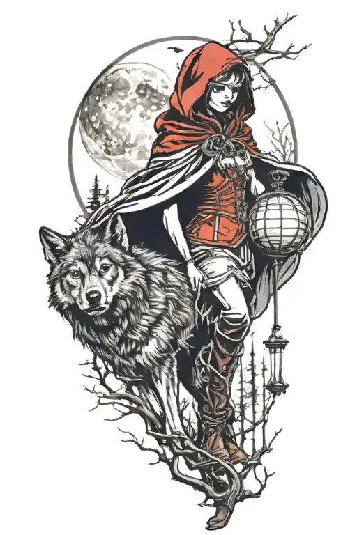 little red riding hood and evil wolf in a dark forest with moon  tattoo design idea