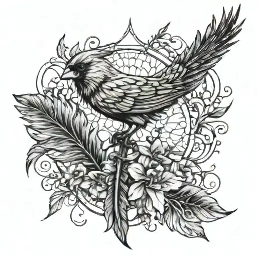 Intricate design combining elements of red cardinal feathers and religious symbolism tattoo design idea