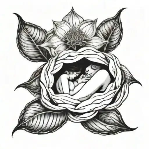 black and white tattoo design of the woman asleep in a fetal position inside a closed flower bud. tattoo design idea