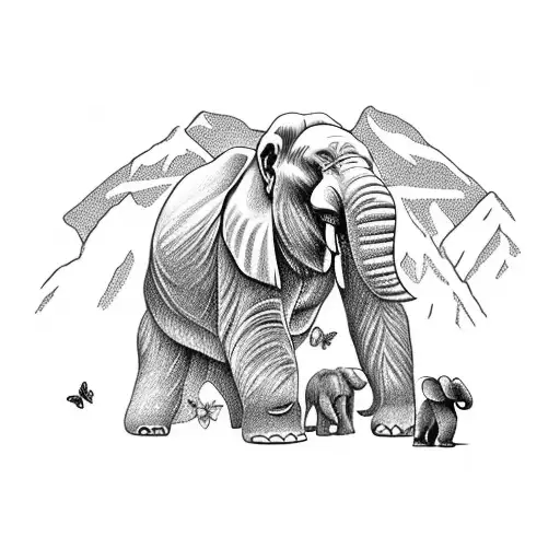 Gorilla fighting elephant with butterflies and Machu Picchu in the background  tattoo design idea