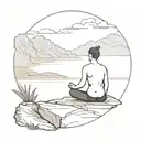 A serene image of a person meditating on a cliff overlooking the sea and mountains tattoo design idea