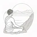 A serene image of a person meditating on a cliff overlooking the sea and mountains tattoo design idea
