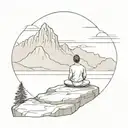 A serene image of a person meditating on a cliff overlooking the sea and mountains tattoo design idea