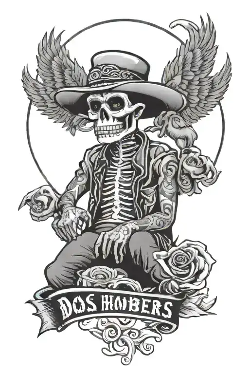 lowrider, 2 day of the dead men sitting while drinking, with the words "dos homebers" above them, and crows in the sun. tattoo design idea