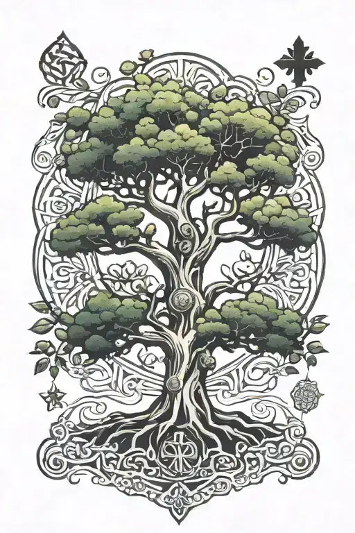 Buddhist tree of life with Christian cross tattoo design idea