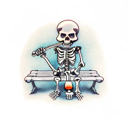 Sad skeleton, sitting bench, smoking pipe tattoo design idea