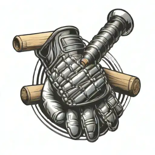 Create a scene where an MMA glove transitions into a cricket bat, which then morphs into a tennis racket.  tattoo design idea