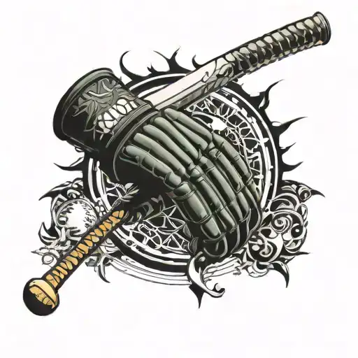 Create a scene where an MMA glove transitions into a cricket bat, which then morphs into a tennis racket.  tattoo design idea