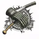 Create a scene where an MMA glove transitions into a cricket bat, which then morphs into a tennis racket.  tattoo design idea