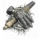 Create a scene where an MMA glove transitions into a cricket bat, which then morphs into a tennis racket.  tattoo design idea