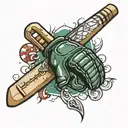 Create a scene where an MMA glove transitions into a cricket bat, which then morphs into a tennis racket.  tattoo design idea