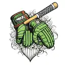 Create a scene where an MMA glove transitions into a cricket bat, which then morphs into a tennis racket.  tattoo design idea