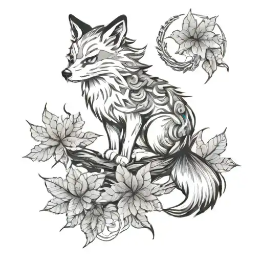 tattoo sketch for the whole arm of a nine-tailed fox in Japanese style surrounded by maple leaves in the traditional sty tattoo design idea