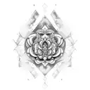 ONEQ Clopatra portrait in a vintage frame, leaking image down the forearm and leading into a mandala rose tattoo design idea