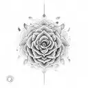 ONEQ Clopatra portrait in a vintage frame, leaking image down the forearm and leading into a mandala rose tattoo design idea