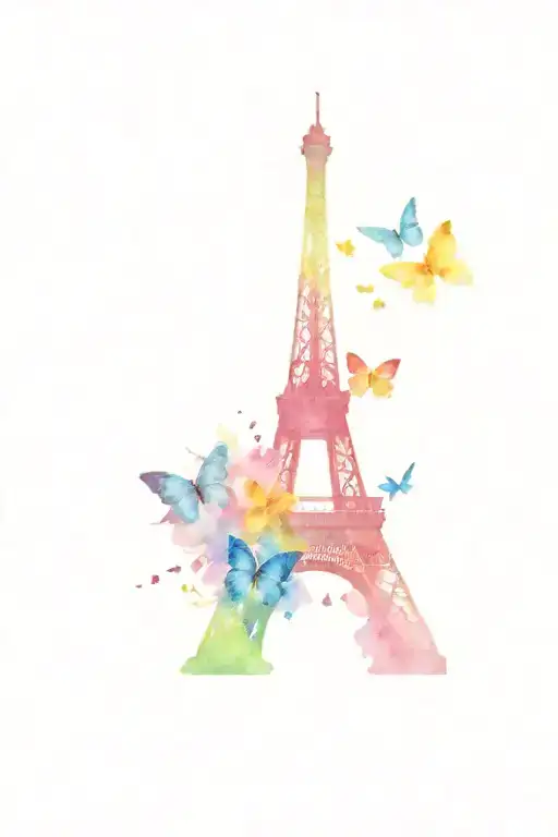 Eiffel Tower, Blue ribbon, Butterflies flying tattoo design idea