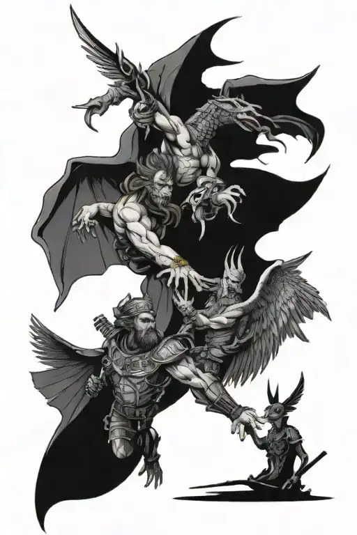 Military-inspired tattoo of Mikhail and Lucifer facing off in a dramatic standoff, with intricate details and shading in black-grey style tattoo design idea